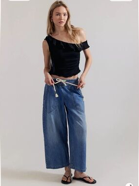 NEW Free People We The Free Easy Peasy Pull-On Wide Leg Drawstring Denim Pants S
